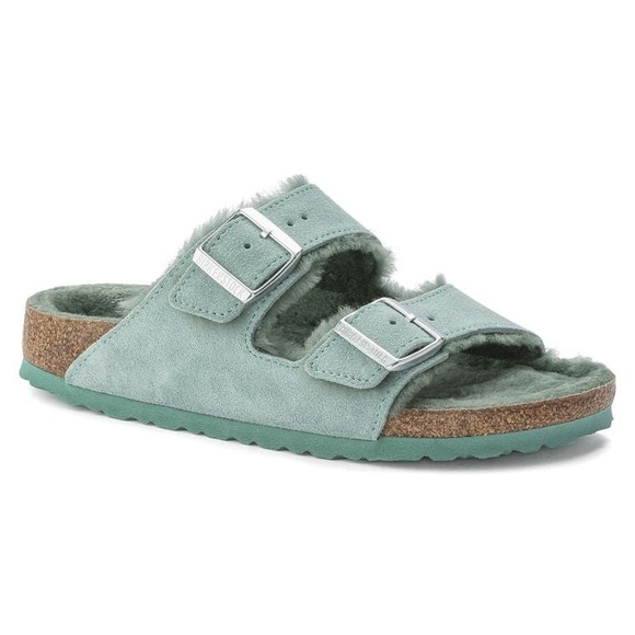Birkenstock Shoes - Birkenstock Arizona Suede Leather Beryl Teal Shearling Lined Sandals NWT